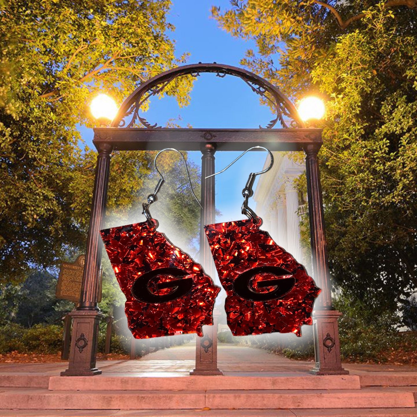 State of Georgia Sparkly Dangle Earrings - Premium Hypoallergenic Acrylic Black Red Sparkle Earrings | Gift for UGA Fans & Georgia Lovers