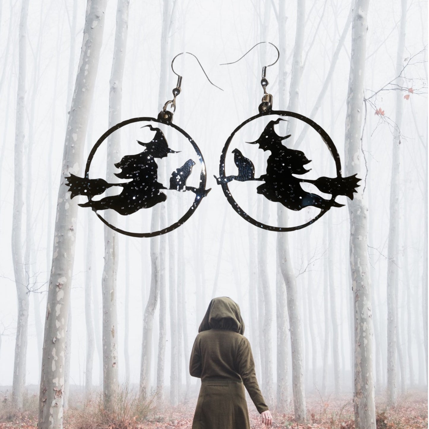 Spooky Witch on a Broomstick Dangle Earrings - Handmade Premium Acrylic Halloween Statement Earrings | Halloween Accessories for Dressing Up