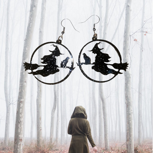 Spooky Witch on a Broomstick Dangle Earrings - Handmade Premium Acrylic Halloween Statement Earrings | Halloween Accessories for Dressing Up
