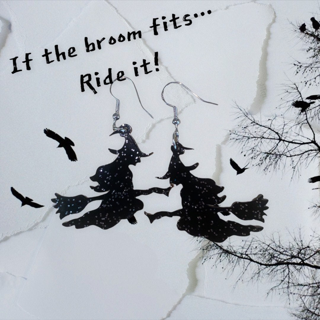 Spooky Witch on a Broomstick Dangle Earrings - Handmade Premium Acrylic Halloween Statement Earrings | Halloween Accessories for Dressing Up