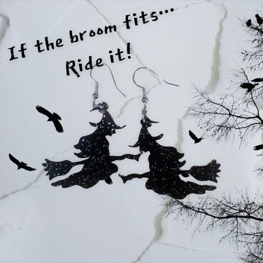 Spooky Witch on a Broomstick Dangle Earrings - Handmade Premium Acrylic Halloween Statement Earrings | Halloween Accessories for Dressing Up