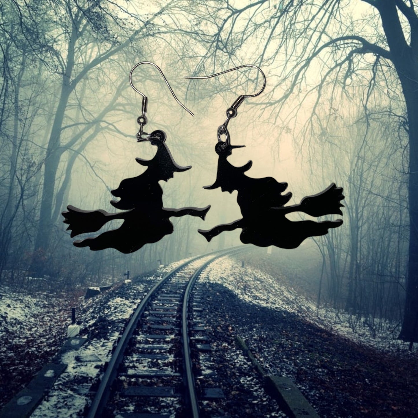 Spooky Witch on a Broomstick Dangle Earrings - Handmade Premium Acrylic Halloween Statement Earrings | Halloween Accessories for Dressing Up