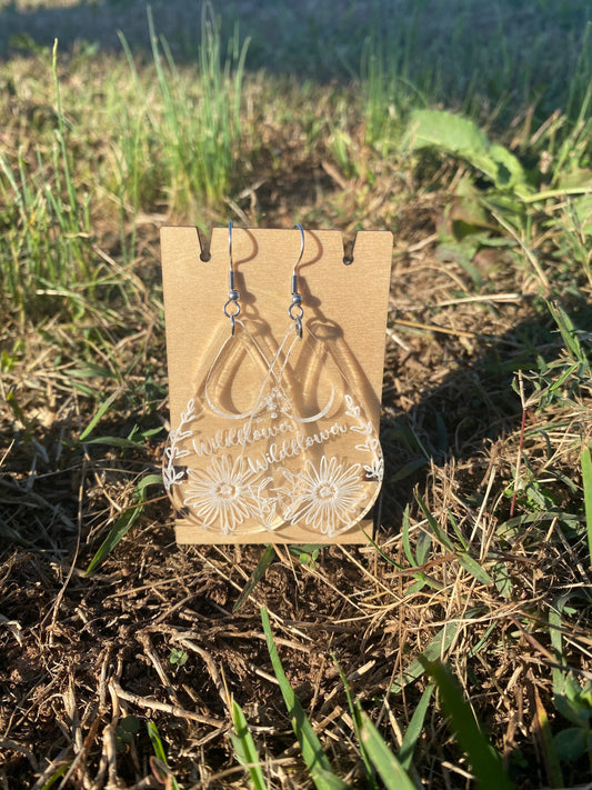Wildflower Floral Transparent Acrylic Earrings - Laser Engraved Crystal Clear Oval Dangle Earrings | Botanical Jewelry Gift Ideas for Her