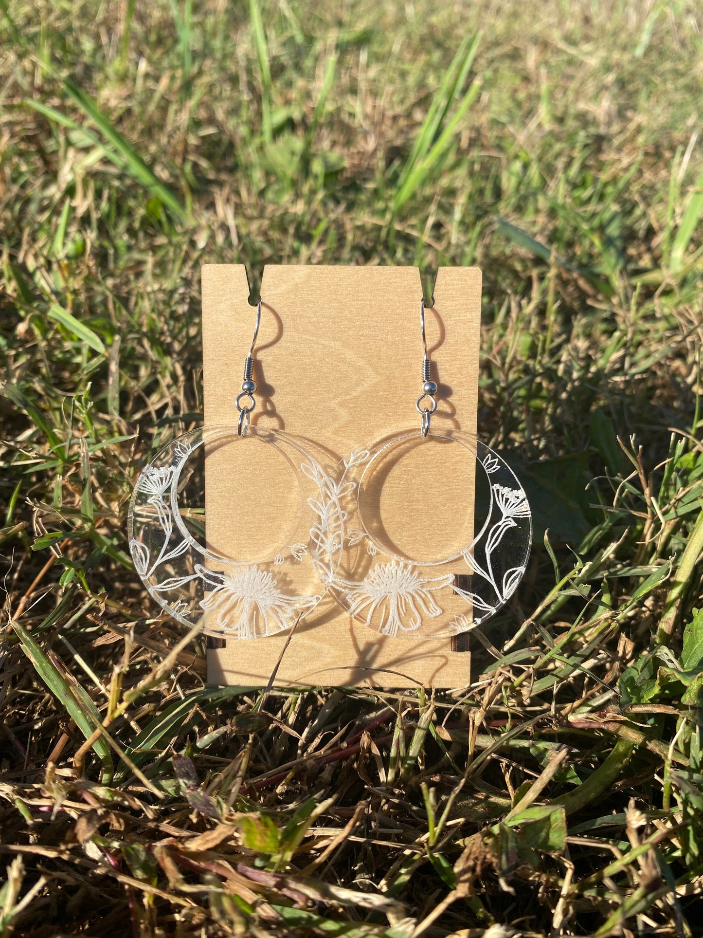Botanical Pattern Clear Acrylic Earrings - Laser Engraved Floral Transparent Dangle Earrings | Unique Flower Jewelry Gift Ideas for Her