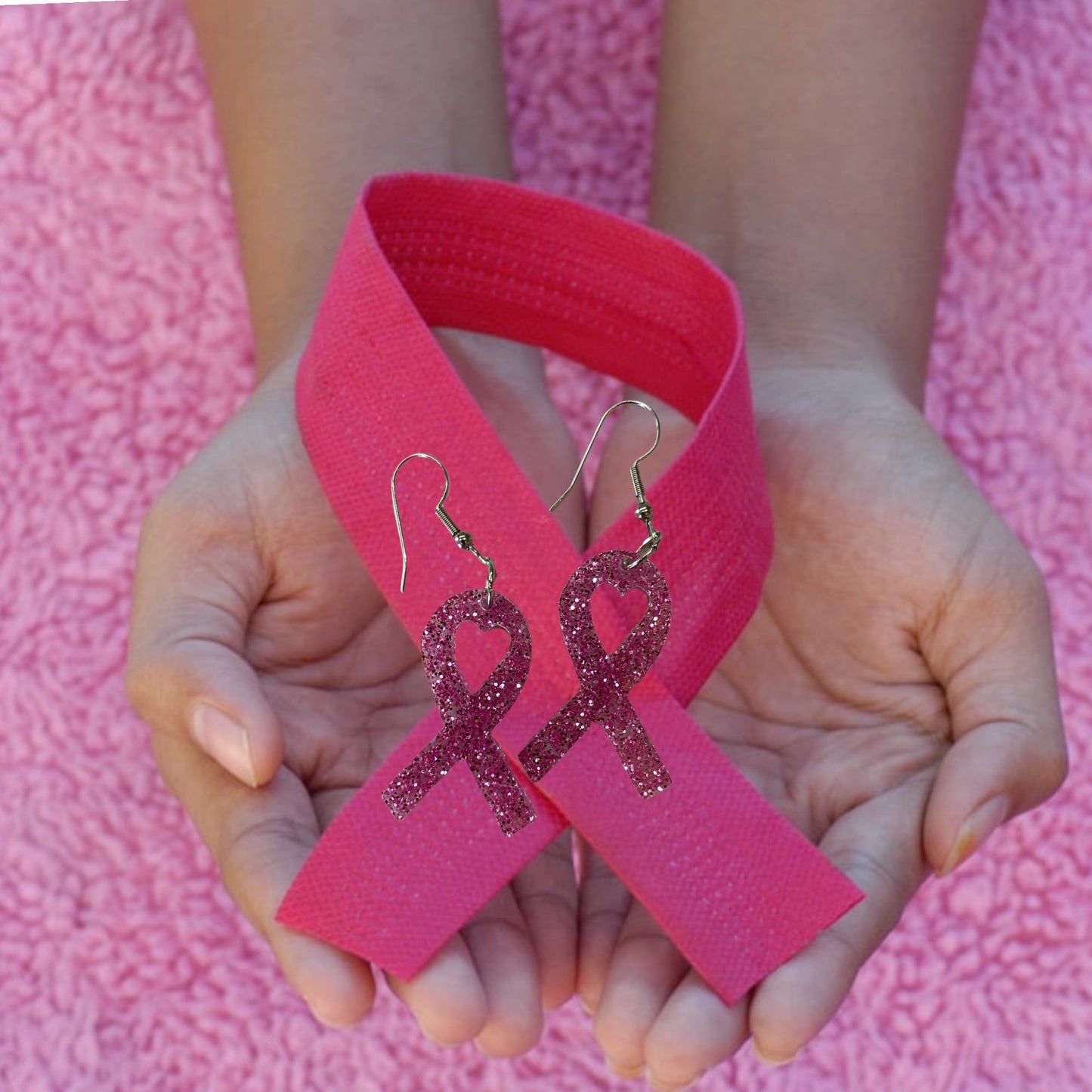 Breast Cancer Pink Ribbon Dangle Earrings - Custom Premium Pink Glittery Acrylic Breast Cancer Awareness Earrings | Gift for Loving Women