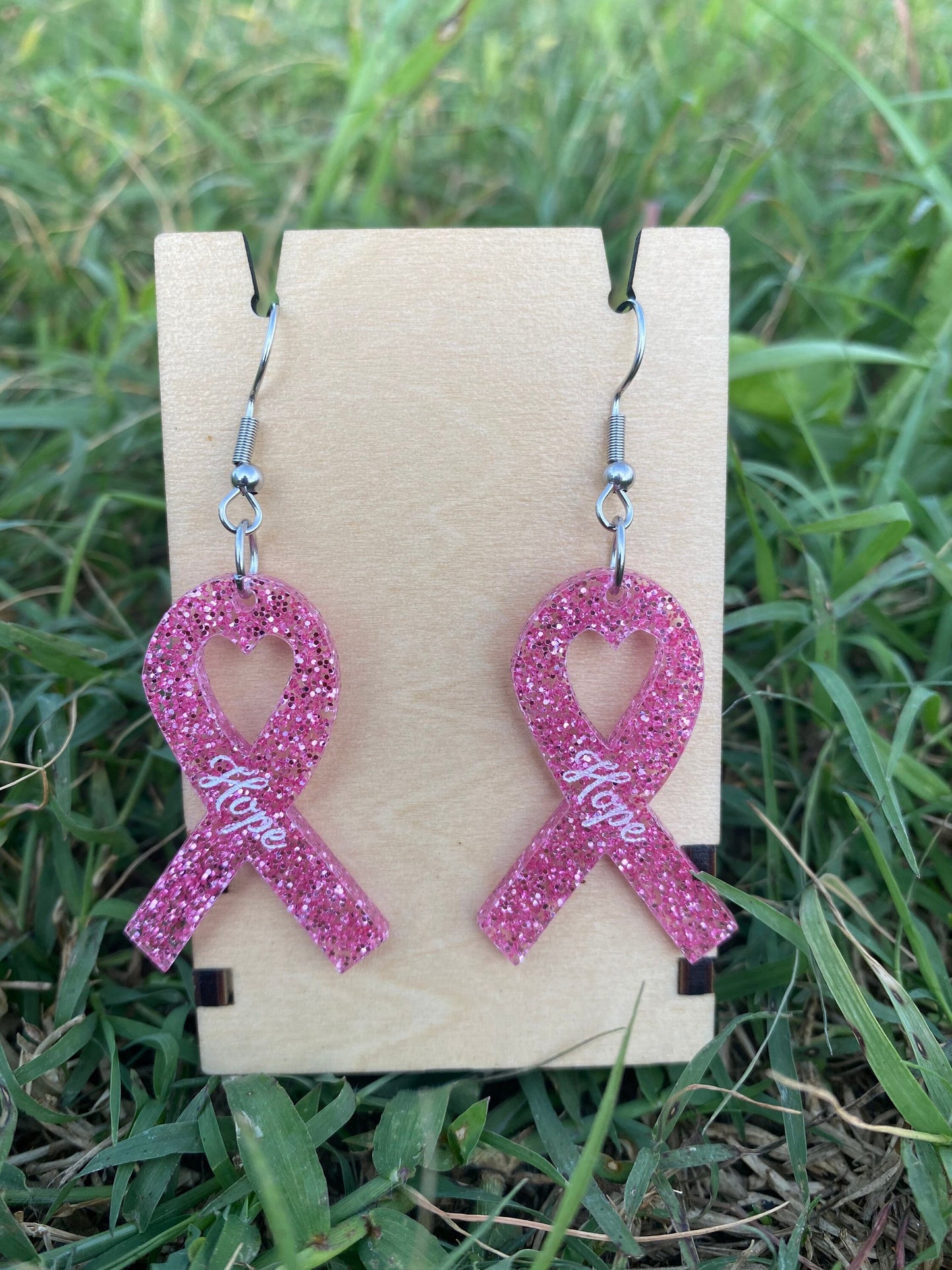 Breast Cancer Pink Ribbon Dangle Earrings - Custom Premium Pink Glittery Acrylic Breast Cancer Awareness Earrings | Gift for Loving Women