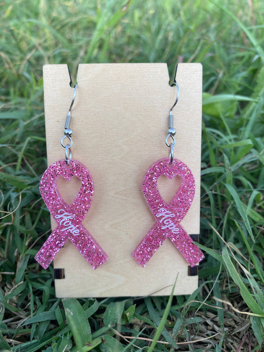 Breast Cancer Pink Ribbon Dangle Earrings - Custom Premium Pink Glittery Acrylic Breast Cancer Awareness Earrings | Gift for Loving Women