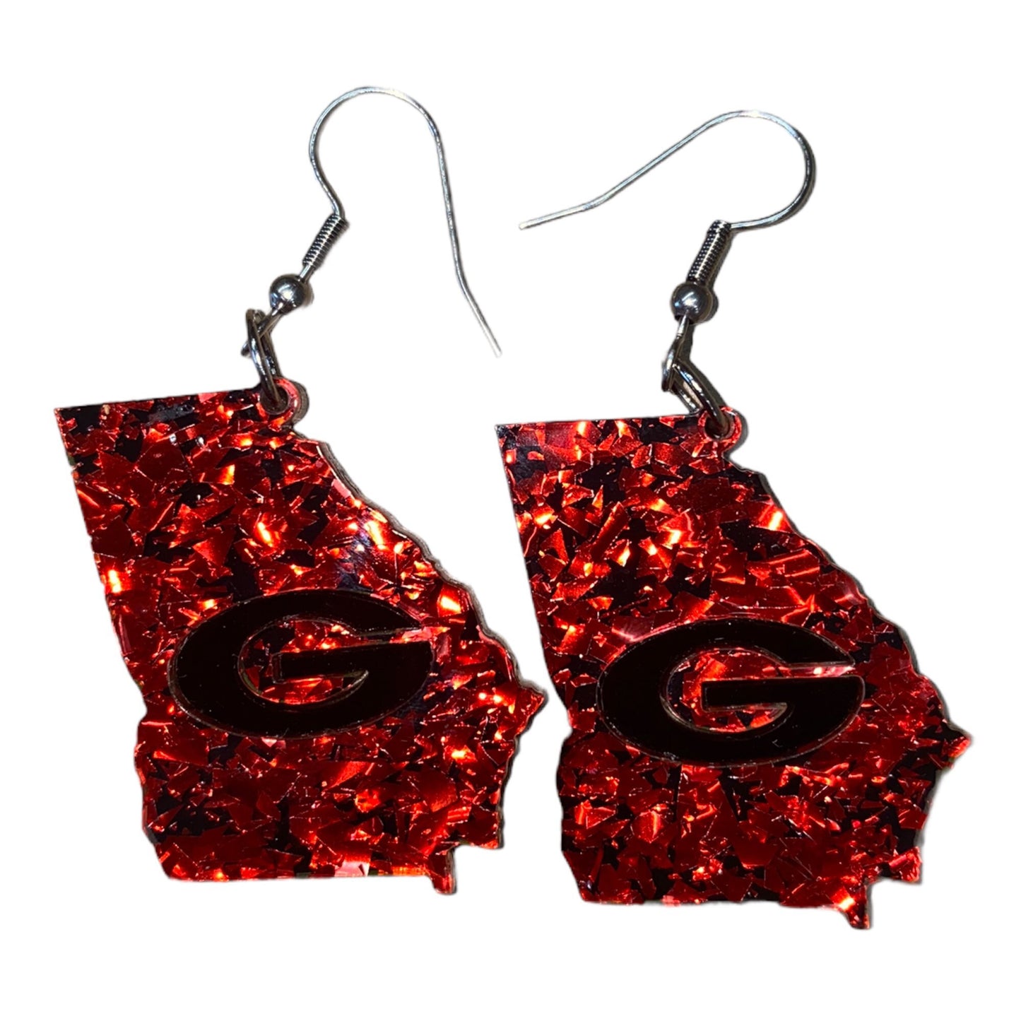 State of Georgia Sparkly Dangle Earrings - Premium Hypoallergenic Acrylic Black Red Sparkle Earrings | Gift for UGA Fans & Georgia Lovers