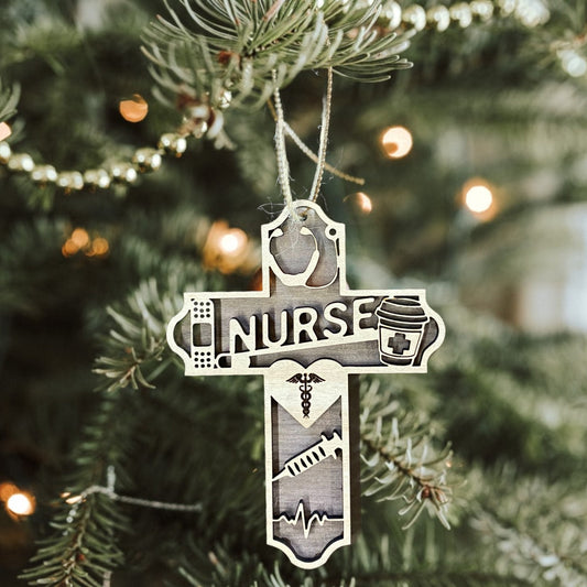 Nurse Cross Christmas Tree Ornament - 2 Wood Combination Laser-Cut Christmas Tree Ornament for Nurse | Wooden Xmas Decoration for Medics