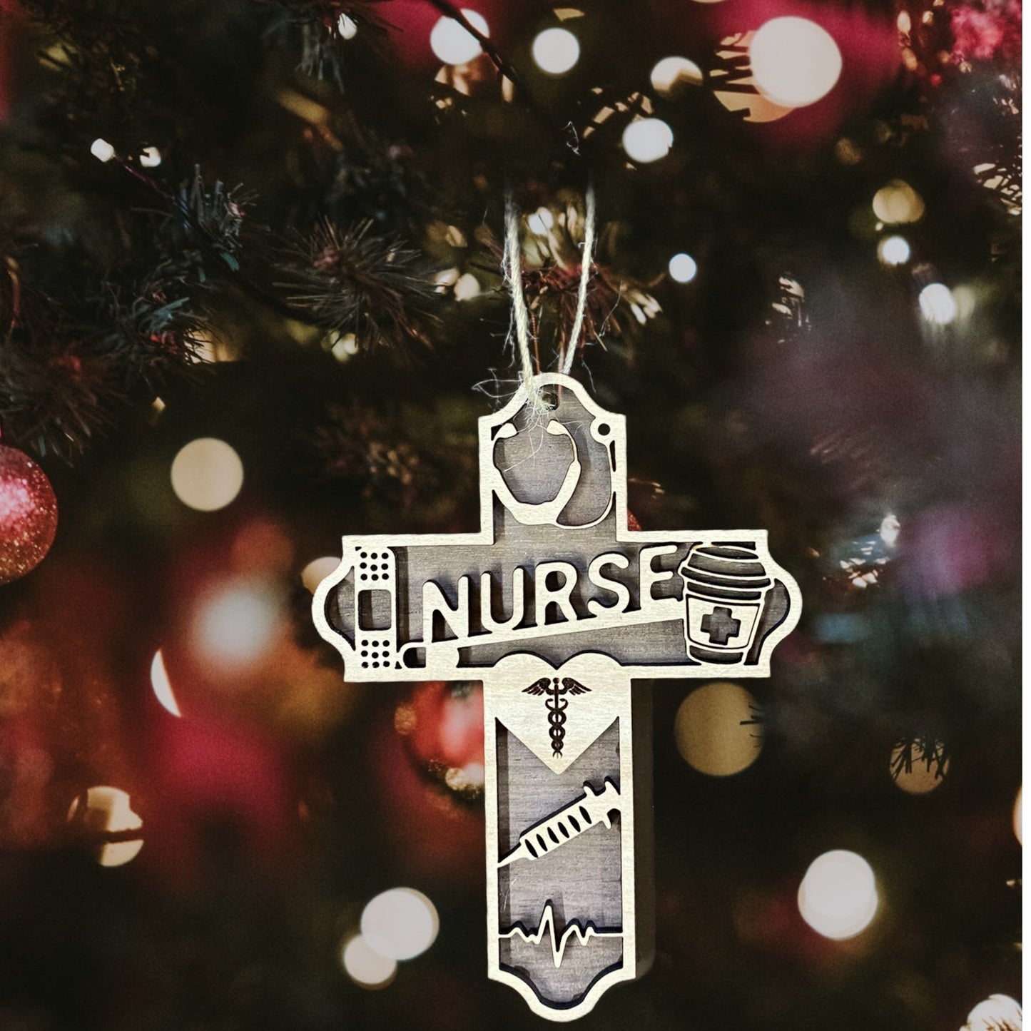 Nurse Cross Christmas Tree Ornament - 2 Wood Combination Laser-Cut Christmas Tree Ornament for Nurse | Wooden Xmas Decoration for Medics