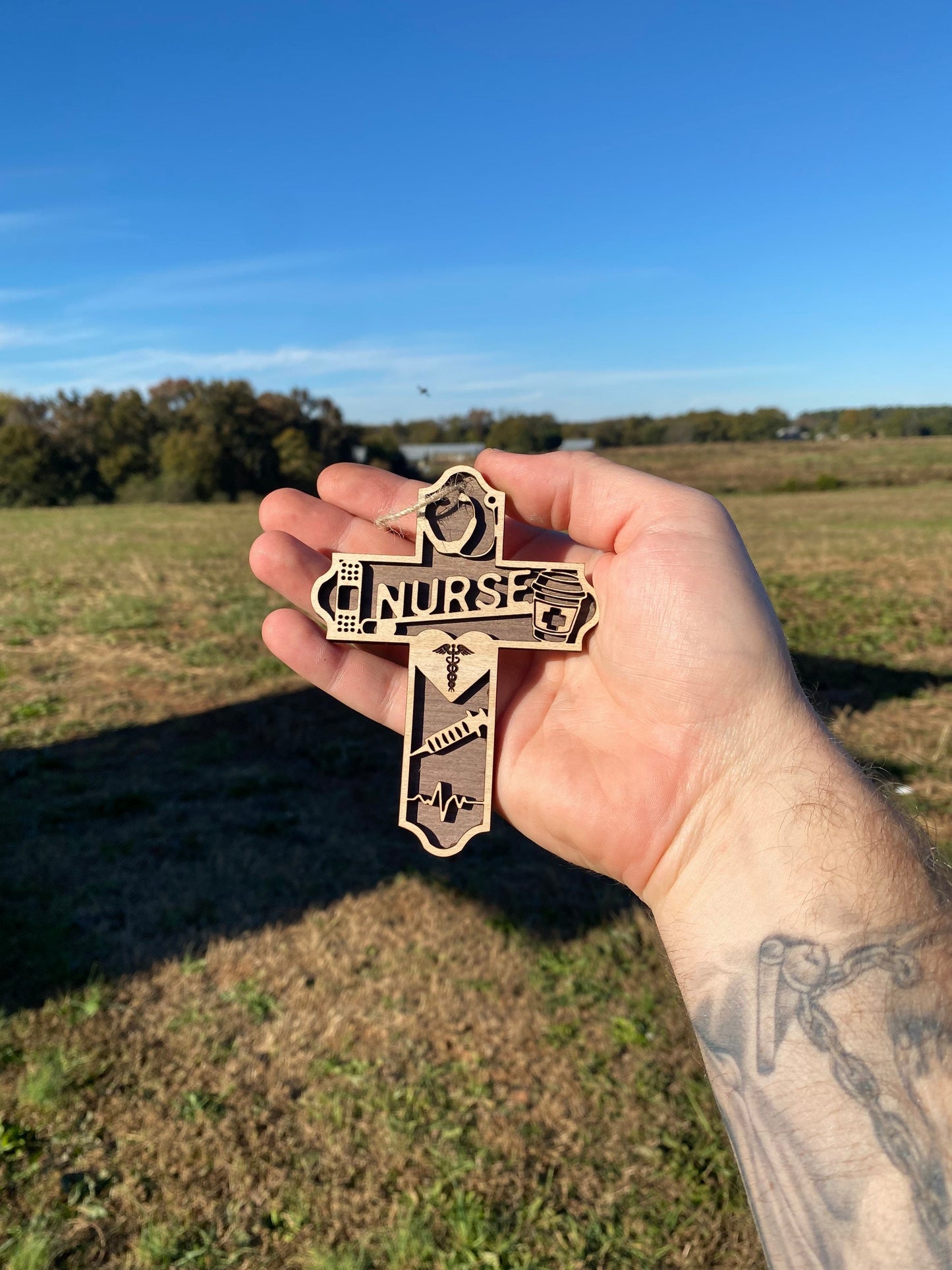 Nurse Cross Christmas Tree Ornament - 2 Wood Combination Laser-Cut Christmas Tree Ornament for Nurse | Wooden Xmas Decoration for Medics
