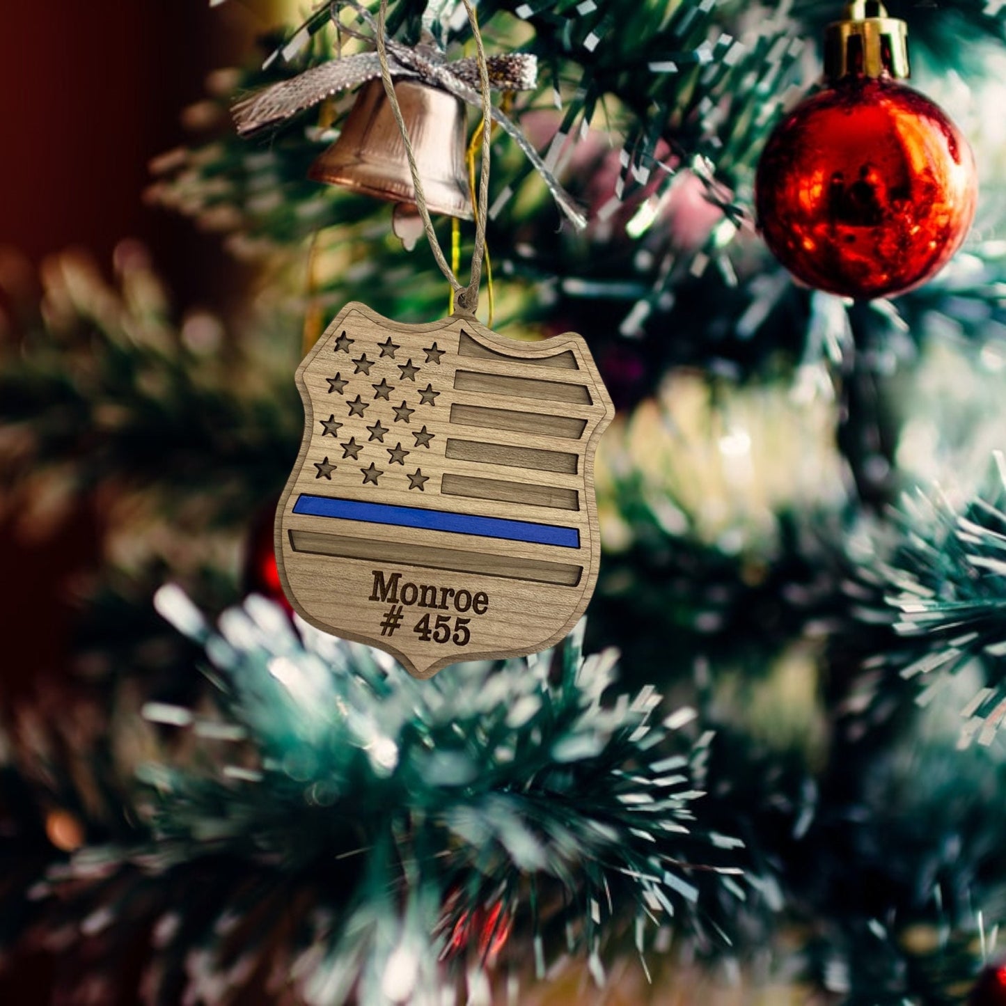 Customizable Police Badge Christmas Tree Ornament | Handmade Back the Blue Wooden Police Badge Christmas Ornaments | Gift Ideas for Officers