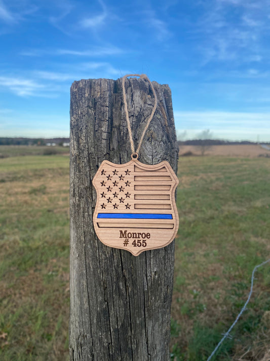 Customizable Police Badge Christmas Tree Ornament | Handmade Back the Blue Wooden Police Badge Christmas Ornaments | Gift Ideas for Officers