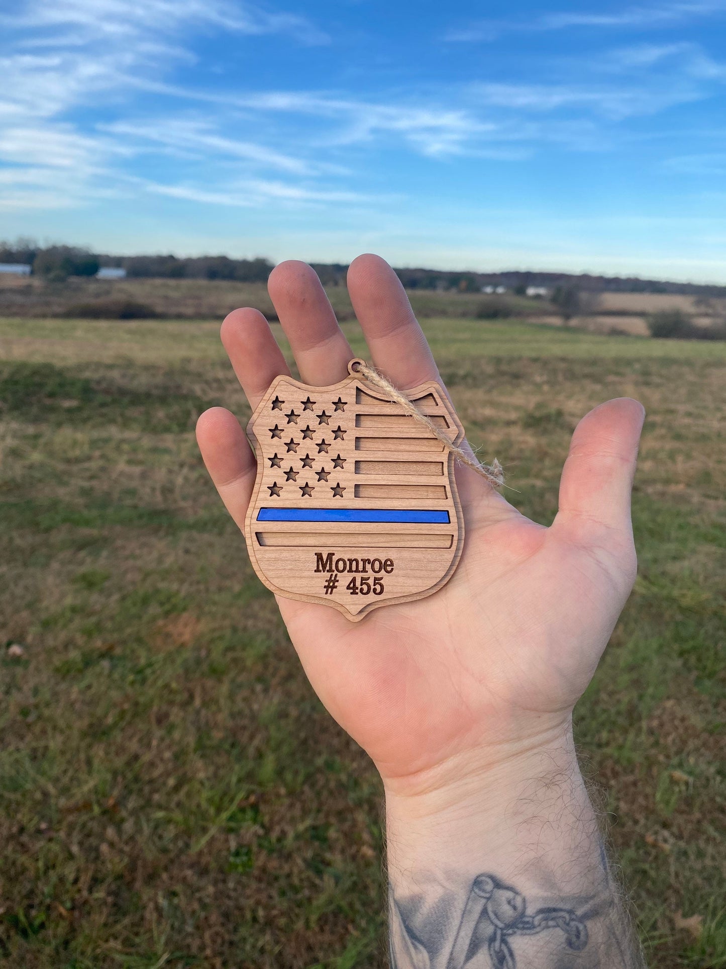 Customizable Police Badge Christmas Tree Ornament | Handmade Back the Blue Wooden Police Badge Christmas Ornaments | Gift Ideas for Officers