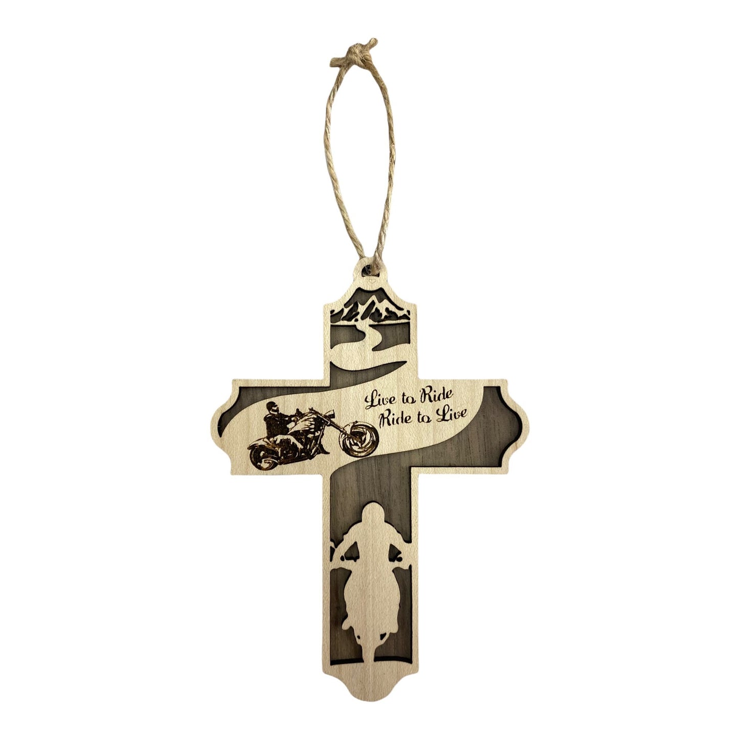 Live to Ride Christmas Cross Ornament -Handmade Wooden Motorcycle Christmas Tree Decor in Various Materials | Christmas Gift for Bikers