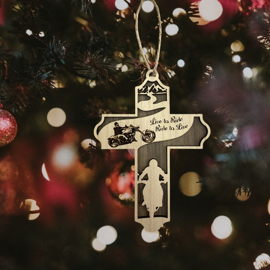 Live to Ride Christmas Cross Ornament -Handmade Wooden Motorcycle Christmas Tree Decor in Various Materials | Christmas Gift for Bikers
