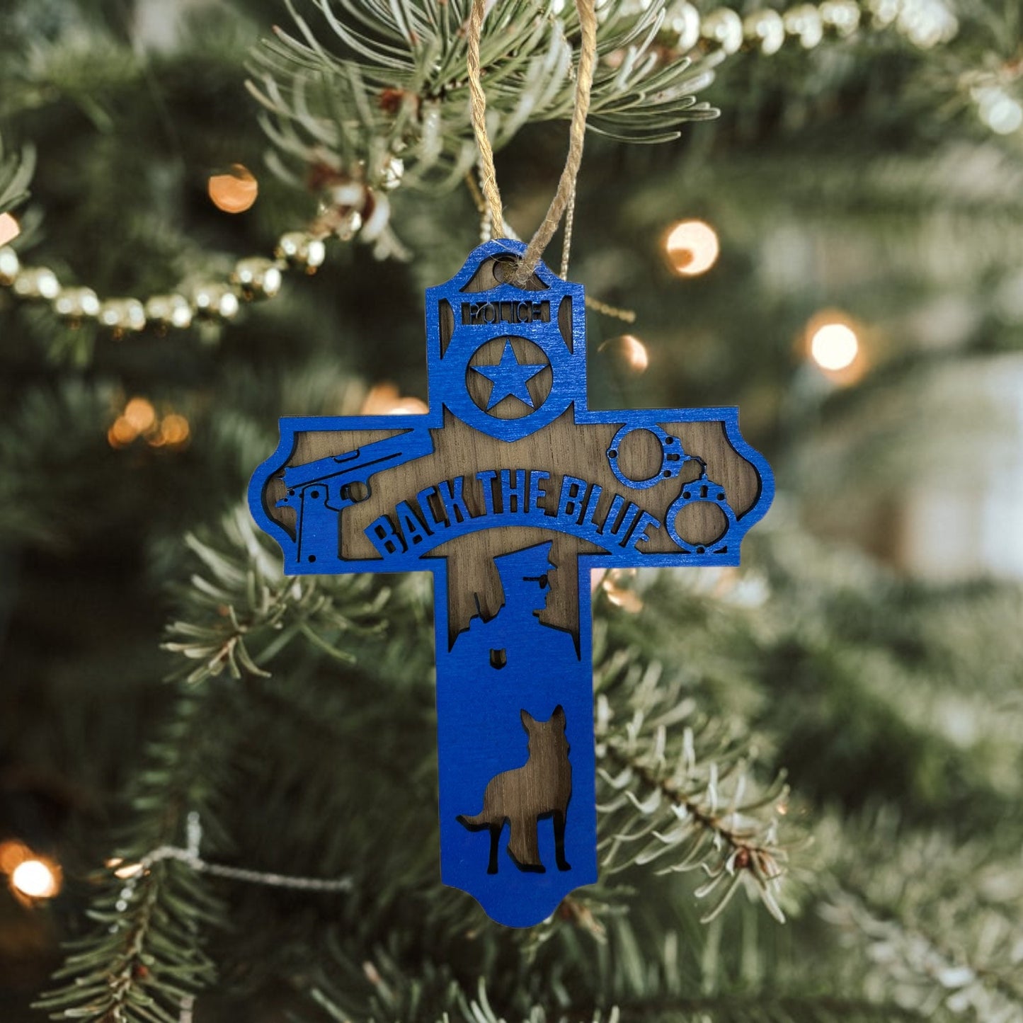 Back the Blue Christmas Cross Ornament -Handmade Wooden Police Christmas Tree Decor in Various Materials | Christmas Decoration for Officers