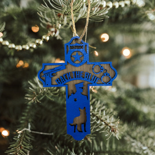Back the Blue Christmas Cross Ornament -Handmade Wooden Police Christmas Tree Decor in Various Materials | Christmas Decoration for Officers