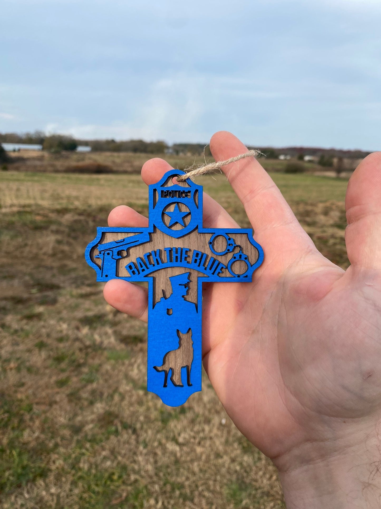 Back the Blue Christmas Cross Ornament -Handmade Wooden Police Christmas Tree Decor in Various Materials | Christmas Decoration for Officers