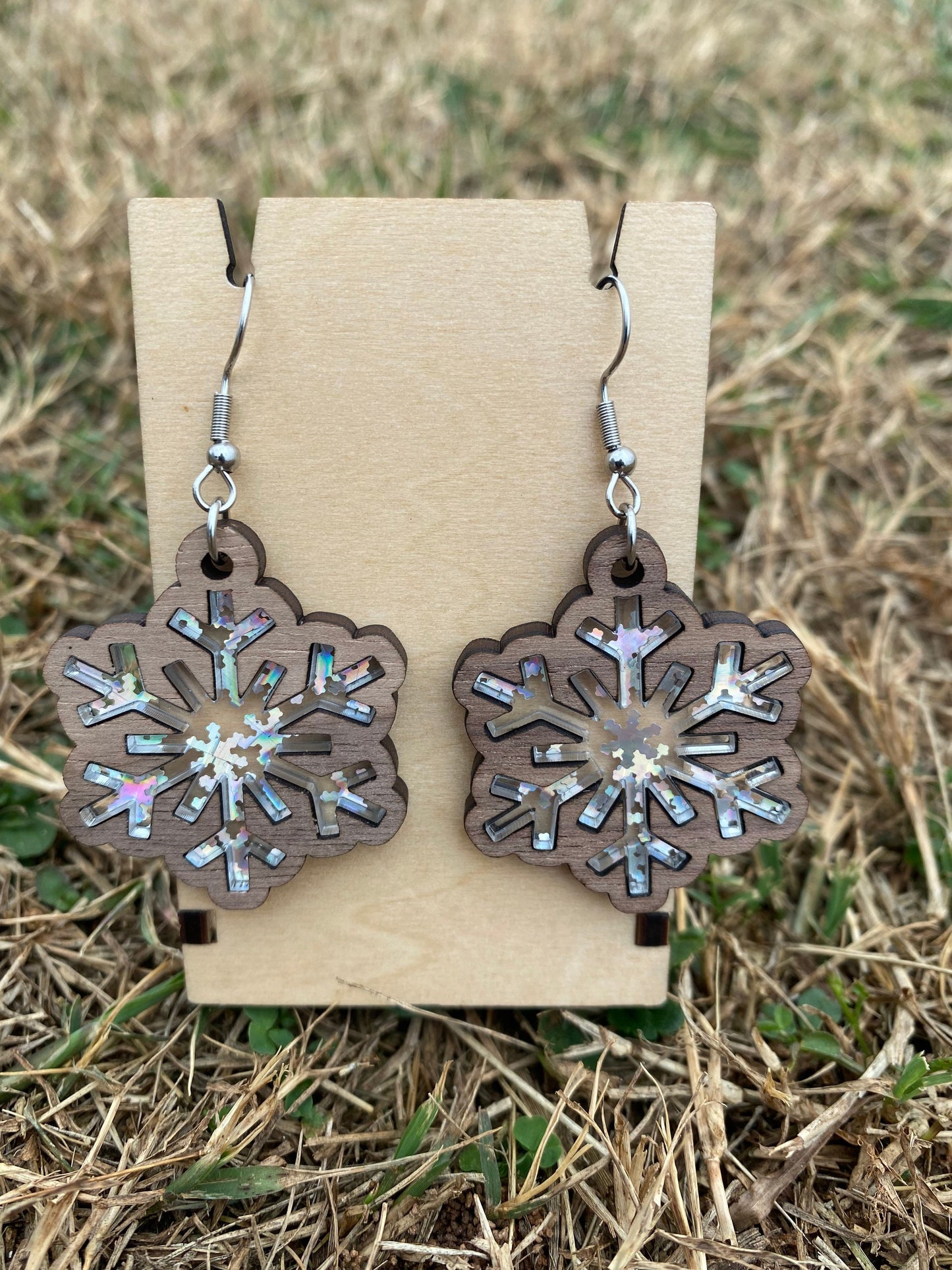 Wooden Snowflake Dangle Earrings - Handmade Christmas Wood Dangle Earrings in Various Materials & Sizes | Christmas Accessory Gift Ideas for