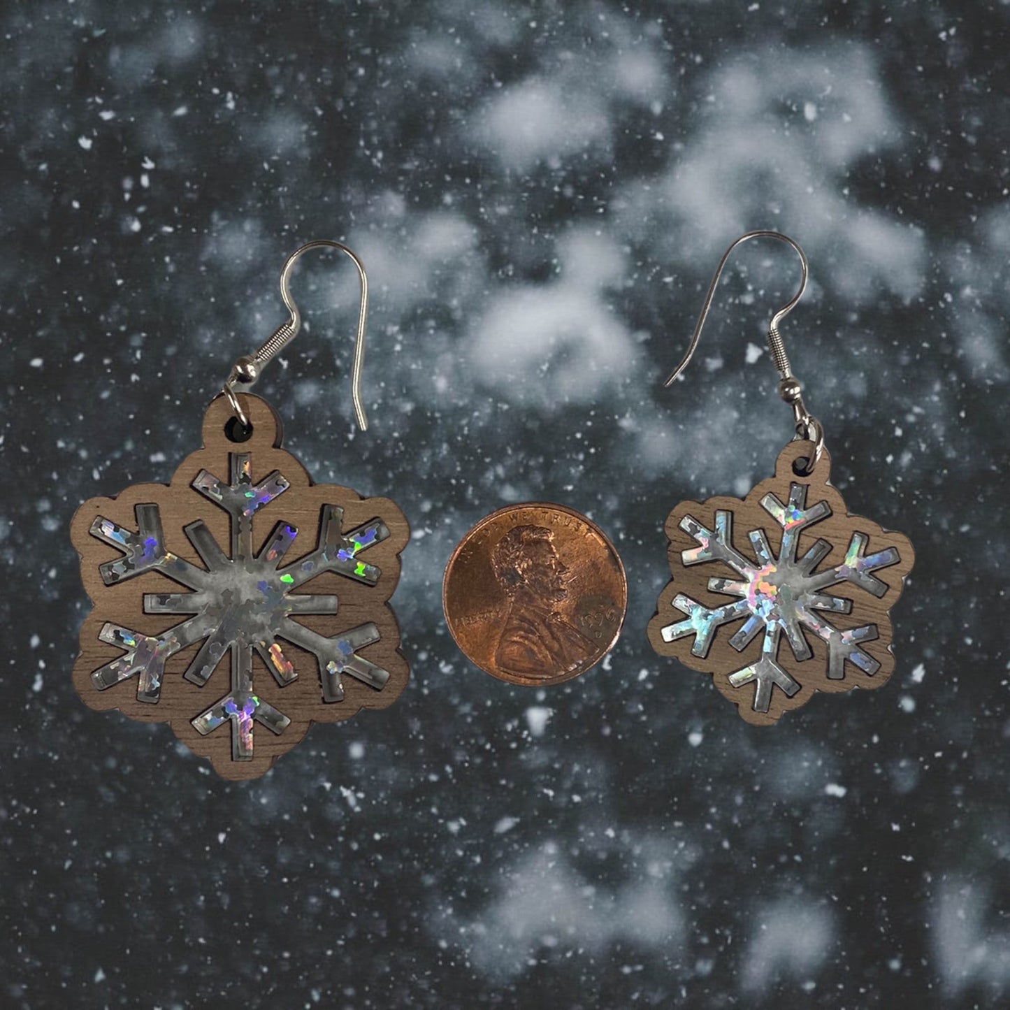 Wooden Snowflake Dangle Earrings - Handmade Christmas Wood Dangle Earrings in Various Materials & Sizes | Christmas Accessory Gift Ideas for