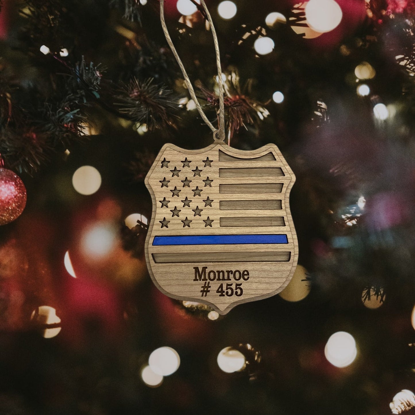 Customizable Police Badge Christmas Tree Ornament | Handmade Back the Blue Wooden Police Badge Christmas Ornaments | Gift Ideas for Officers