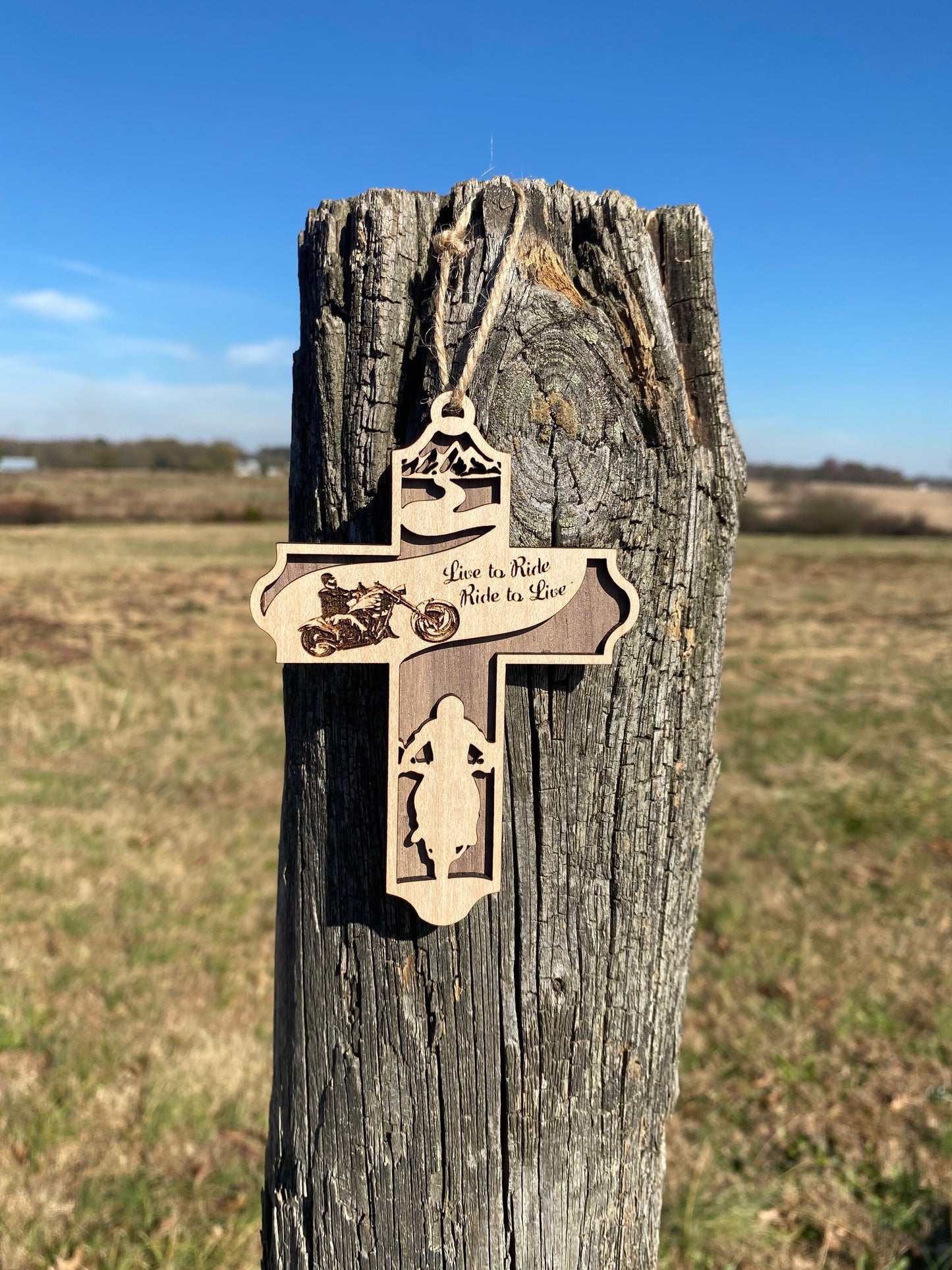 Live to Ride Christmas Cross Ornament -Handmade Wooden Motorcycle Christmas Tree Decor in Various Materials | Christmas Gift for Bikers