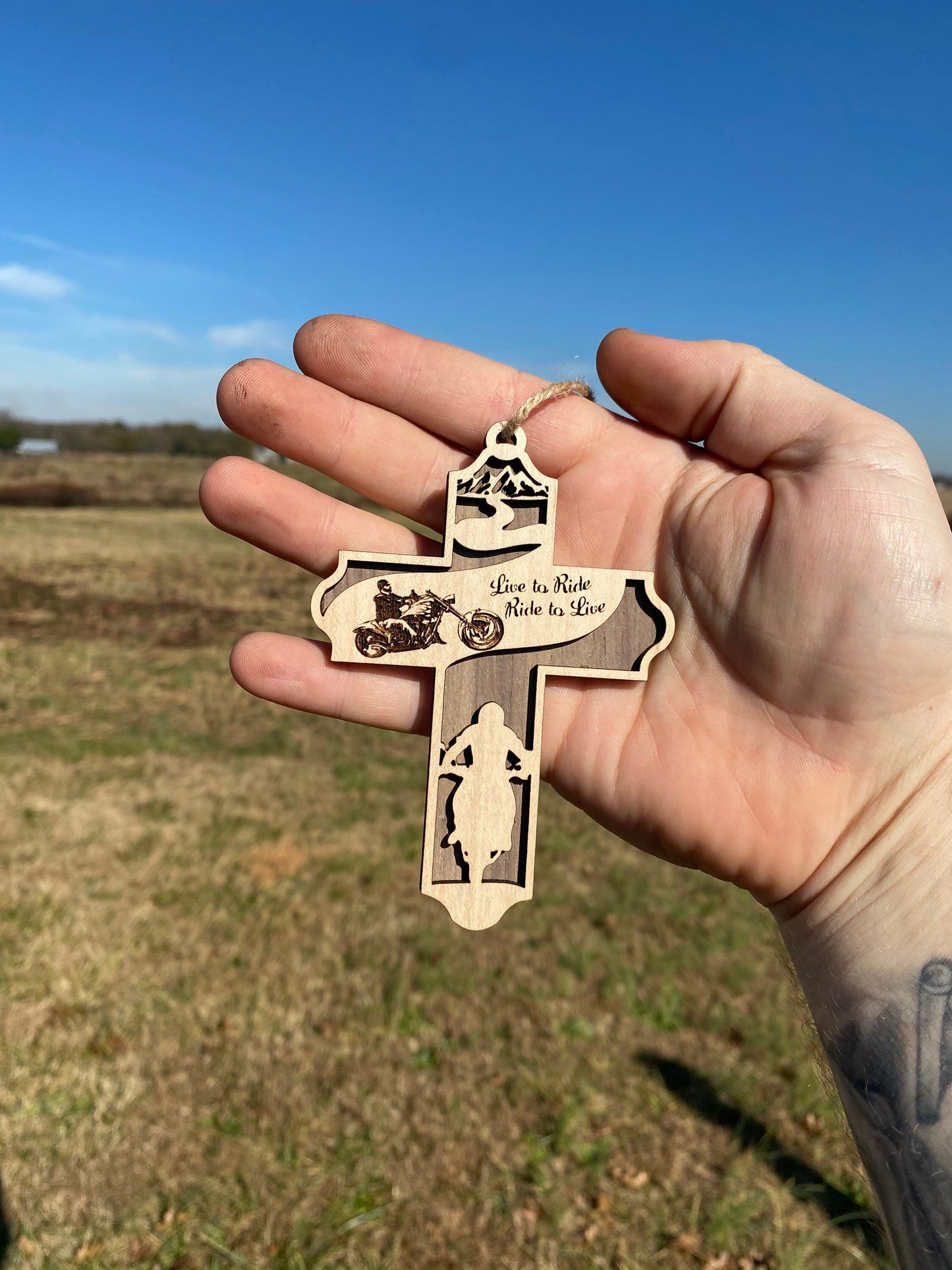 Live to Ride Christmas Cross Ornament -Handmade Wooden Motorcycle Christmas Tree Decor in Various Materials | Christmas Gift for Bikers