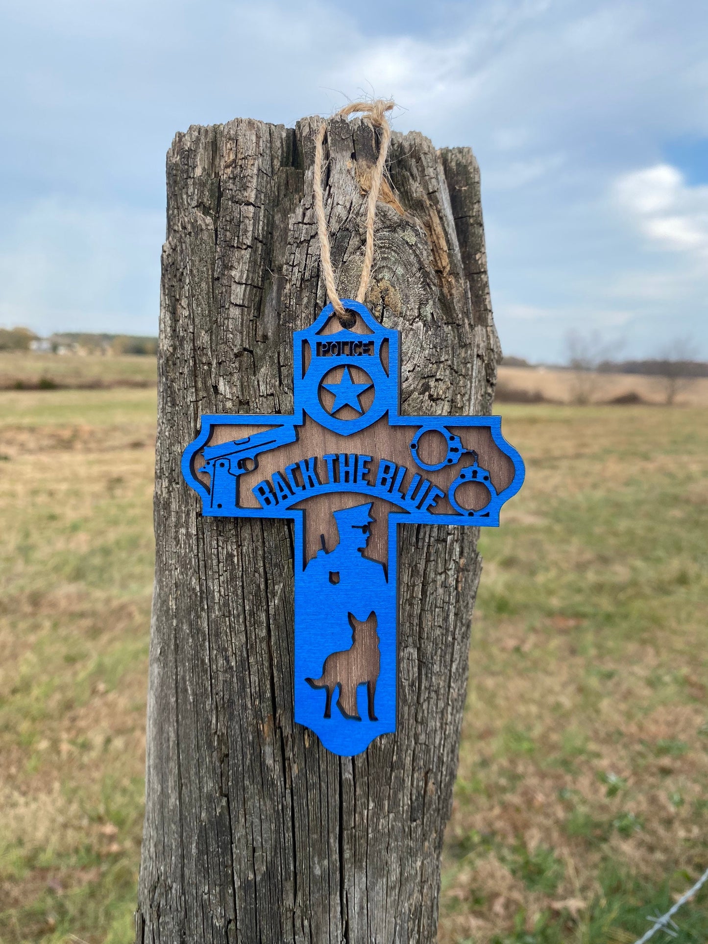 Back the Blue Christmas Cross Ornament -Handmade Wooden Police Christmas Tree Decor in Various Materials | Christmas Decoration for Officers