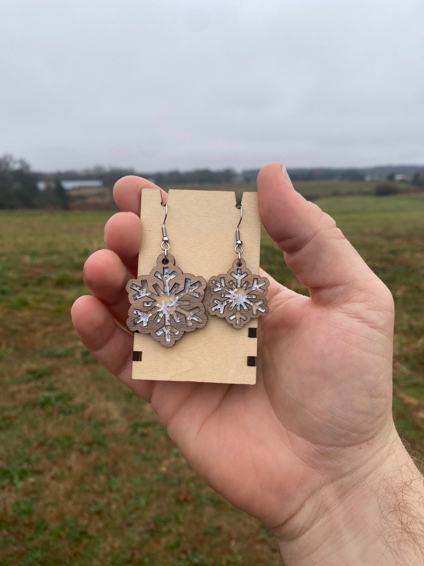 Wooden Snowflake Dangle Earrings - Handmade Christmas Wood Dangle Earrings in Various Materials & Sizes | Christmas Accessory Gift Ideas for