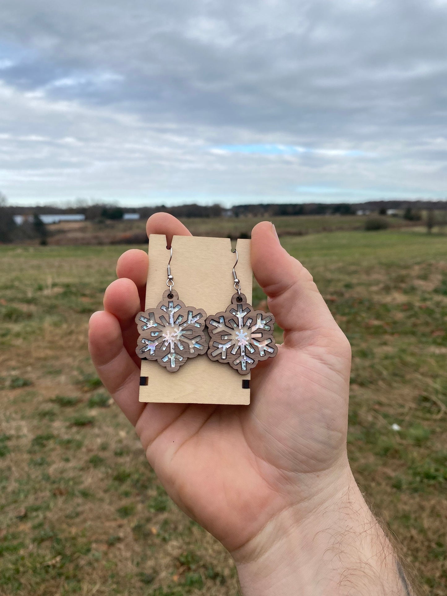 Wooden Snowflake Dangle Earrings - Handmade Christmas Wood Dangle Earrings in Various Materials & Sizes | Christmas Accessory Gift Ideas for