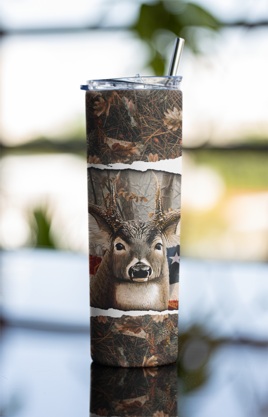 USA American Patriotic Whitetail Buck Hunting 20 oz Skinny Tumbler